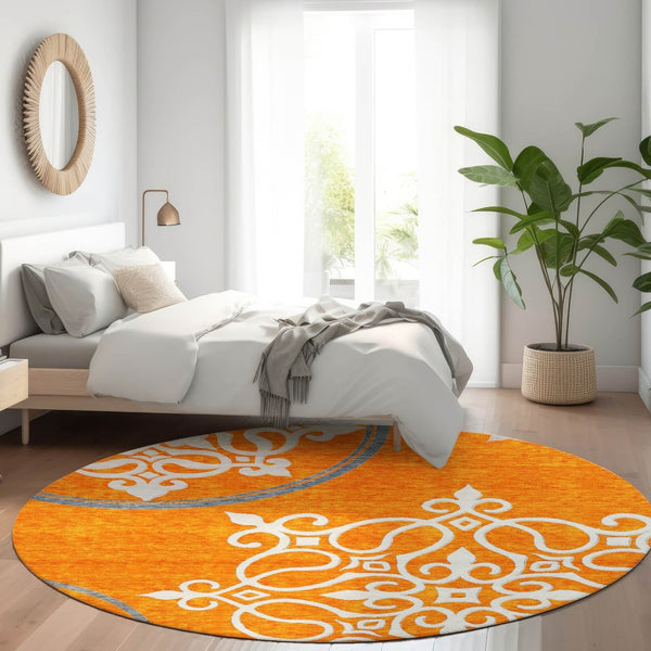 HomeRoots 8' Washable Round Rug with Floral Medallion Design in Orange, Ivory & Gray – UV & Stain Resistant! 669543
