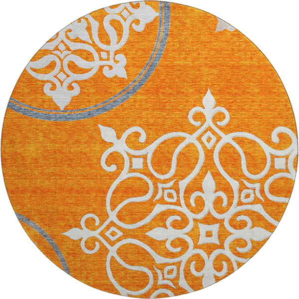 HomeRoots 8' Washable Round Rug with Floral Medallion Design in Orange, Ivory & Gray – UV & Stain Resistant! 669543