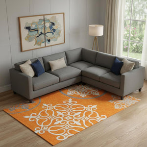 HomeRoots 9' X 12' Floral Medallion Area Rug in Orange, Ivory & Gray - Washable, UV Protected, Stain Resistant! 669545