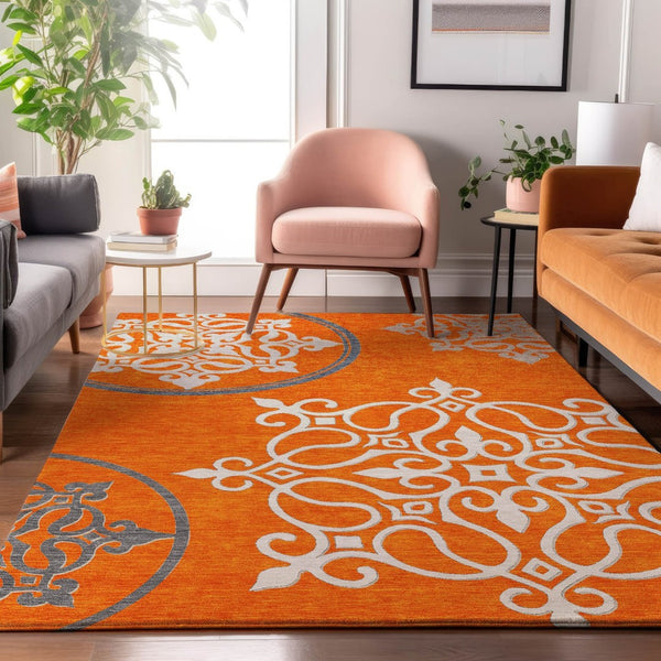 HomeRoots 9' X 12' Floral Medallion Area Rug in Orange, Ivory & Gray - Washable, UV Protected, Stain Resistant! 669545
