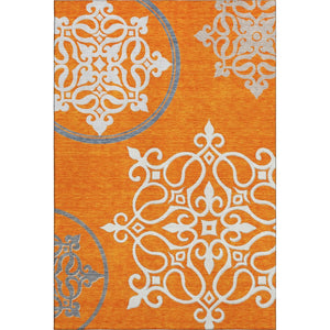 HomeRoots 9' X 12' Floral Medallion Area Rug in Orange, Ivory & Gray - Washable, UV Protected, Stain Resistant! 669545