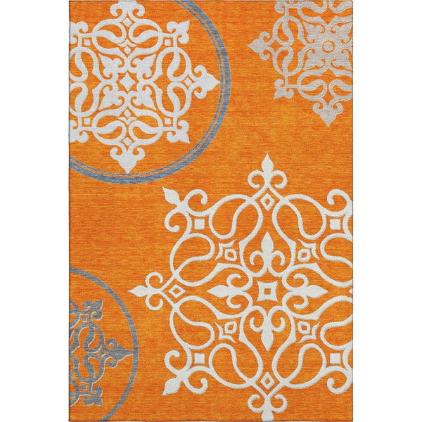 HomeRoots 9' X 12' Floral Medallion Area Rug in Orange, Ivory & Gray - Washable, UV Protected, Stain Resistant! 669545