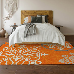 HomeRoots 9' X 12' Floral Medallion Area Rug in Orange, Ivory & Gray - Washable, UV Protected, Stain Resistant! 669545