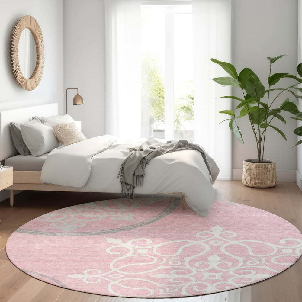 HomeRoots 8' Pink Floral Medallion Round Rug - Washable, UV-Protected, Durable, Perfect for Family Spaces! 669549