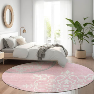HomeRoots 8' Pink Floral Medallion Round Rug - Washable, UV-Protected, Durable, Perfect for Family Spaces! 669549