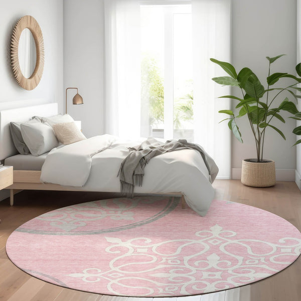 HomeRoots 8' Pink Floral Medallion Round Rug - Washable, UV-Protected, Durable, Perfect for Family Spaces! 669549
