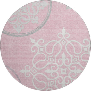 HomeRoots 8' Pink Floral Medallion Round Rug - Washable, UV-Protected, Durable, Perfect for Family Spaces! 669549