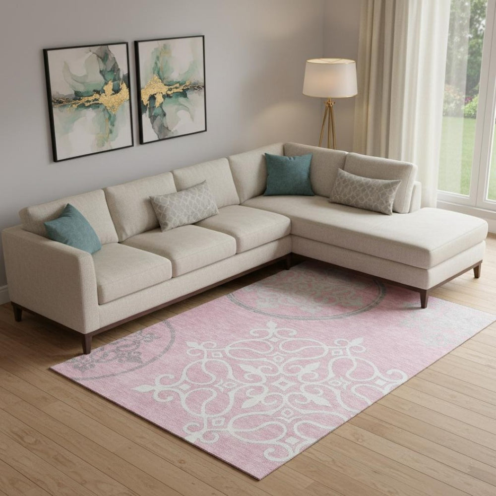 HomeRoots 9' X 12' Floral Medallion Area Rug in Pink, Ivory & Gray - Washable, UV Protected & Pet Friendly! 669551