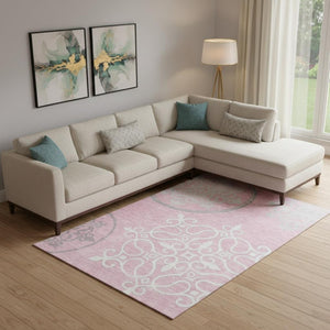 HomeRoots 9' X 12' Floral Medallion Area Rug in Pink, Ivory & Gray - Washable, UV Protected & Pet Friendly! 669551