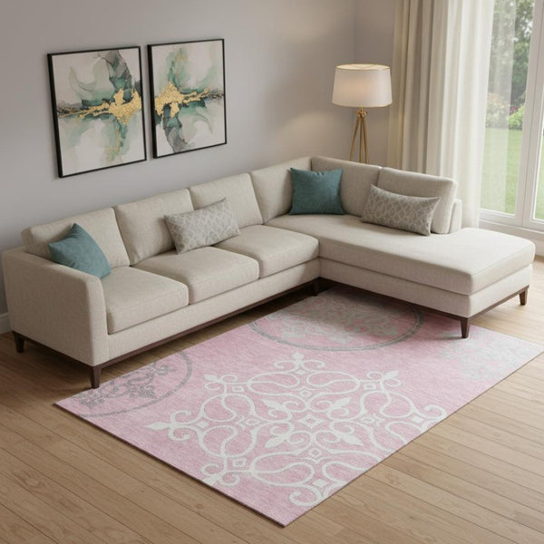 HomeRoots 9' X 12' Floral Medallion Area Rug in Pink, Ivory & Gray - Washable, UV Protected & Pet Friendly! 669551
