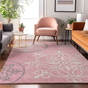 HomeRoots 9' X 12' Floral Medallion Area Rug in Pink, Ivory & Gray - Washable, UV Protected & Pet Friendly! 669551