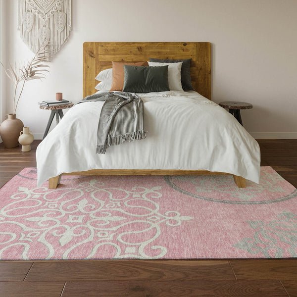 HomeRoots 9' X 12' Floral Medallion Area Rug in Pink, Ivory & Gray - Washable, UV Protected & Pet Friendly! 669551