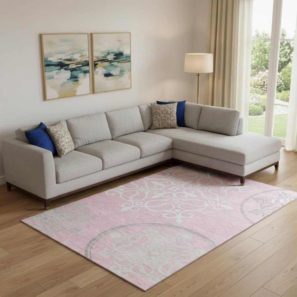 HomeRoots 10' X 14' Pink Ivory Gray Floral Medallion Area Rug - Washable, UV Protected, Durable & Stylish 669552