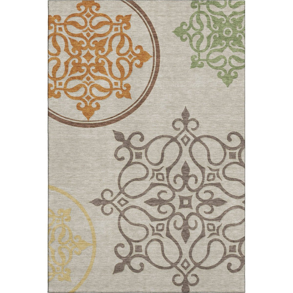 HomeRoots 5' X 8' Washable Floral Medallion Area Rug in Taupe, Green & Copper - UV Protected & Durable Design 669554