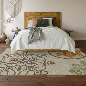 HomeRoots 5' X 8' Washable Floral Medallion Area Rug in Taupe, Green & Copper - UV Protected & Durable Design 669554