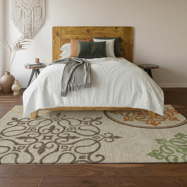 HomeRoots 5' X 8' Washable Floral Medallion Area Rug in Taupe, Green & Copper - UV Protected & Durable Design 669554