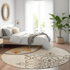 HomeRoots 8' Taupe Green and Copper Floral Medallion Round Rug - Washable, UV-Protected, Durable & Stylish! 669555