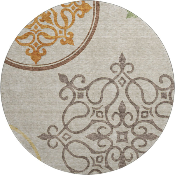 HomeRoots 8' Taupe Green and Copper Floral Medallion Round Rug - Washable, UV-Protected, Durable & Stylish! 669555