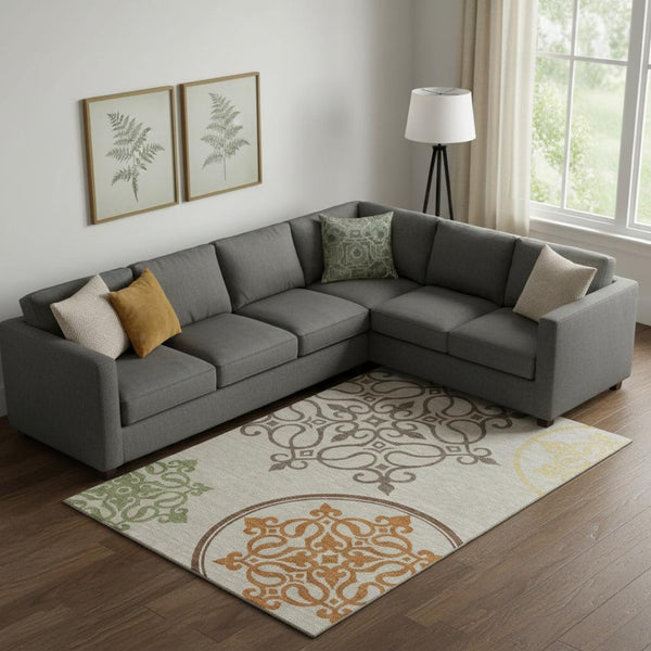HomeRoots 8' X 10' Washable Taupe Green & Copper Floral Medallion Area Rug – Durable, Stain-Resistant & UV Safe! 669556