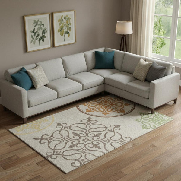 HomeRoots 10' X 14' Washable Floral Medallion Area Rug - Taupe, Green & Copper with UV Protection & Durability 669558