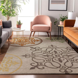 HomeRoots 10' X 14' Washable Floral Medallion Area Rug - Taupe, Green & Copper with UV Protection & Durability 669558