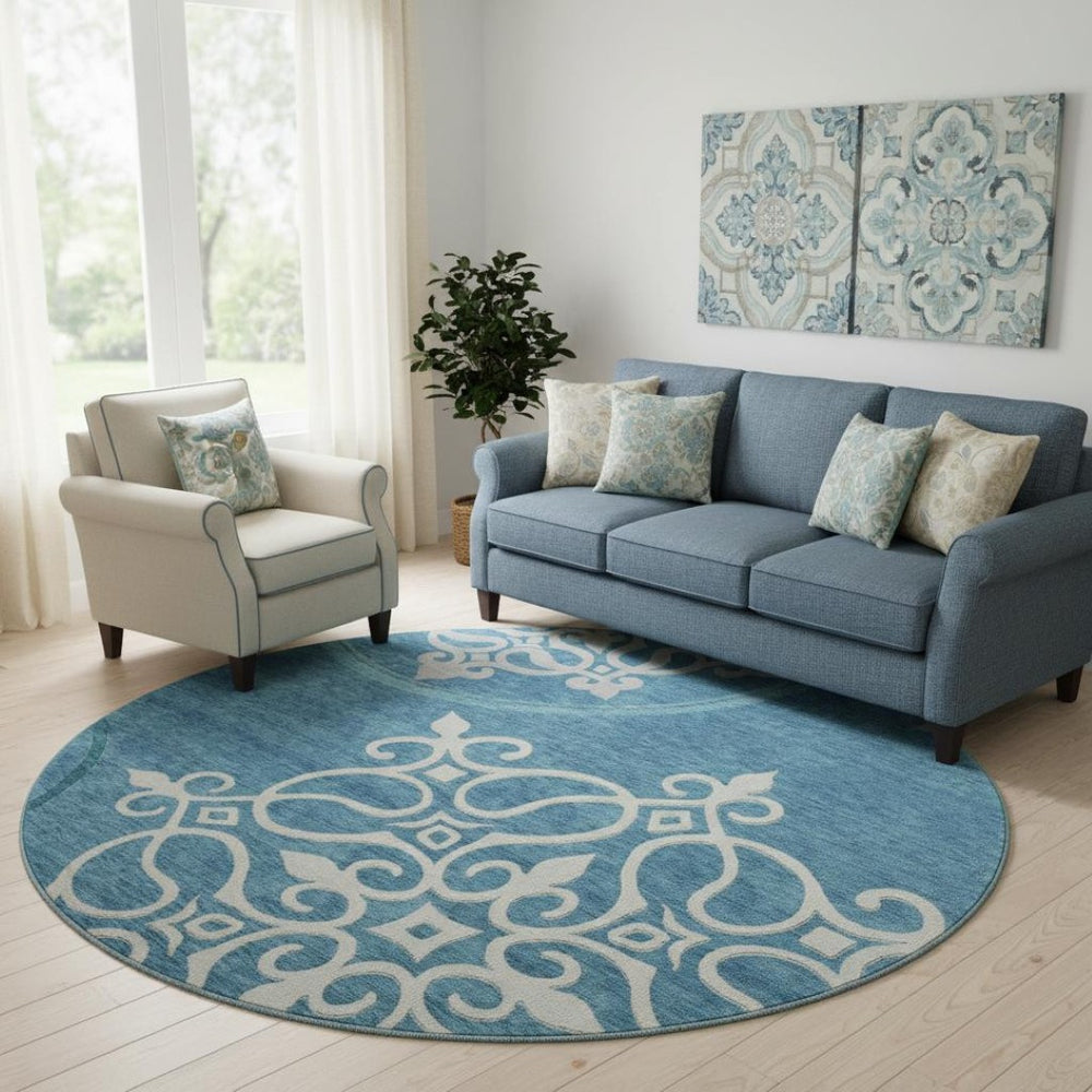 HomeRoots 8' Teal Floral Medallion Round Rug - Washable, UV Protected, Durable Design for High Traffic Areas 669561