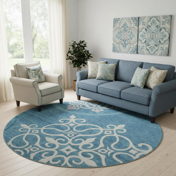 HomeRoots 8' Teal Floral Medallion Round Rug - Washable, UV Protected, Durable Design for High Traffic Areas 669561