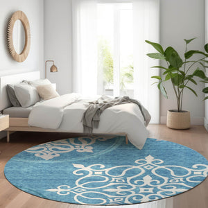 HomeRoots 8' Teal Floral Medallion Round Rug - Washable, UV Protected, Durable Design for High Traffic Areas 669561