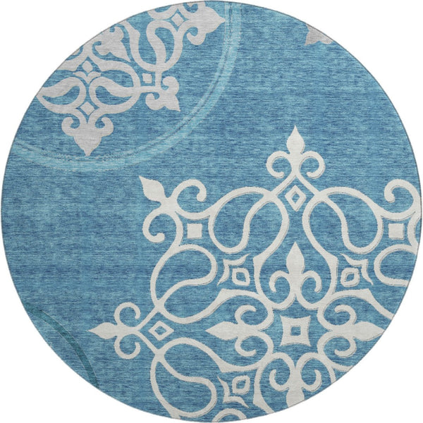 HomeRoots 8' Teal Floral Medallion Round Rug - Washable, UV Protected, Durable Design for High Traffic Areas 669561