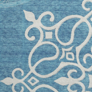 HomeRoots 8' Teal Floral Medallion Round Rug - Washable, UV Protected, Durable Design for High Traffic Areas 669561