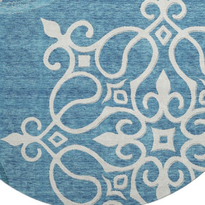 HomeRoots 8' Teal Floral Medallion Round Rug - Washable, UV Protected, Durable Design for High Traffic Areas 669561