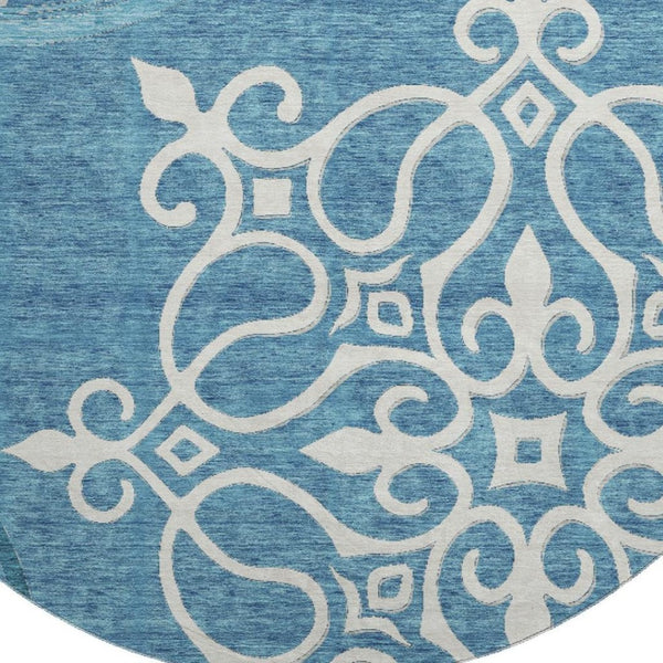 HomeRoots 8' Teal Floral Medallion Round Rug - Washable, UV Protected, Durable Design for High Traffic Areas 669561