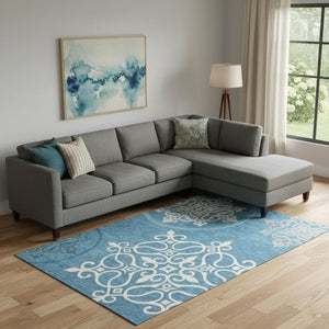HomeRoots 8' X 10' Teal and Ivory Floral Medallion Area Rug - Durable, Stain Resistant, UV Protected Elegance 669562