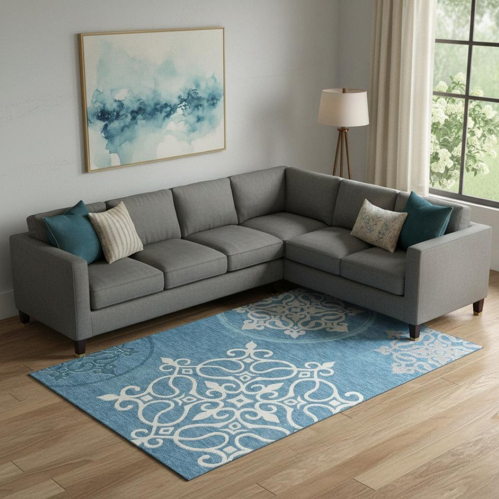 HomeRoots 9' X 12' Teal and Ivory Floral Medallion Area Rug - Washable, UV Protected, Durable for Active Homes 669563
