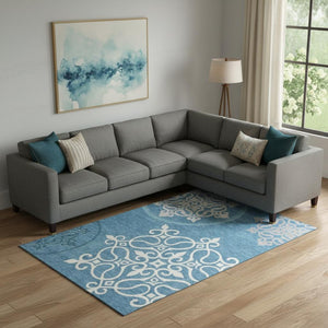 HomeRoots 9' X 12' Teal and Ivory Floral Medallion Area Rug - Washable, UV Protected, Durable for Active Homes 669563