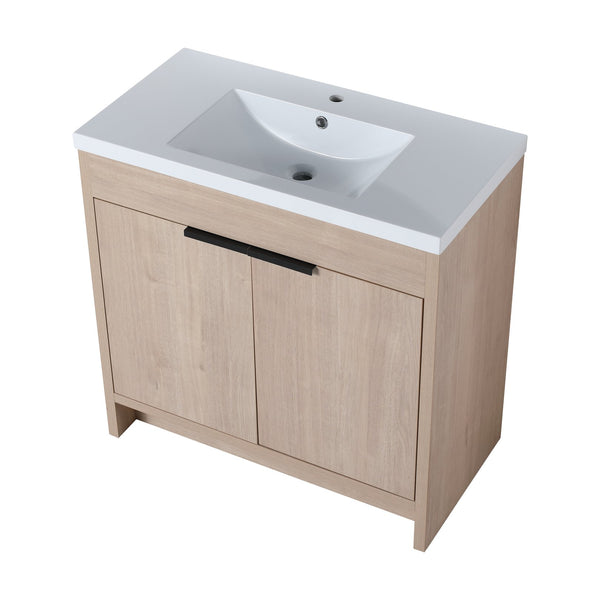 English Elm 36 Inch Freestanding Vanity with White Resin Sink, Soft-Close Doors, Adjustable Shelf, Water-Resistant Finish W999S00277