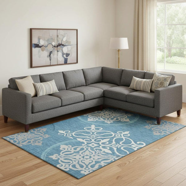 HomeRoots 10' Teal & Ivory Floral Medallion Area Rug – Washable, UV Protected, Soft & Durable for Homes with Kids 669564