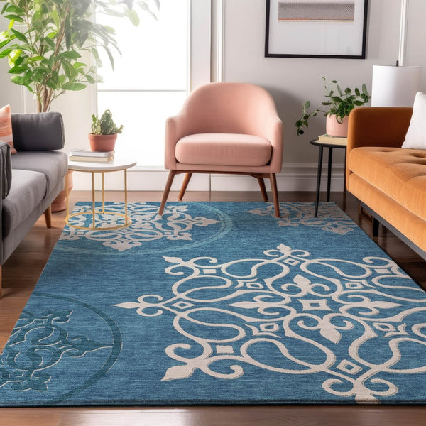 HomeRoots 10' Teal & Ivory Floral Medallion Area Rug – Washable, UV Protected, Soft & Durable for Homes with Kids 669564