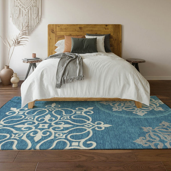HomeRoots 10' Teal & Ivory Floral Medallion Area Rug – Washable, UV Protected, Soft & Durable for Homes with Kids 669564