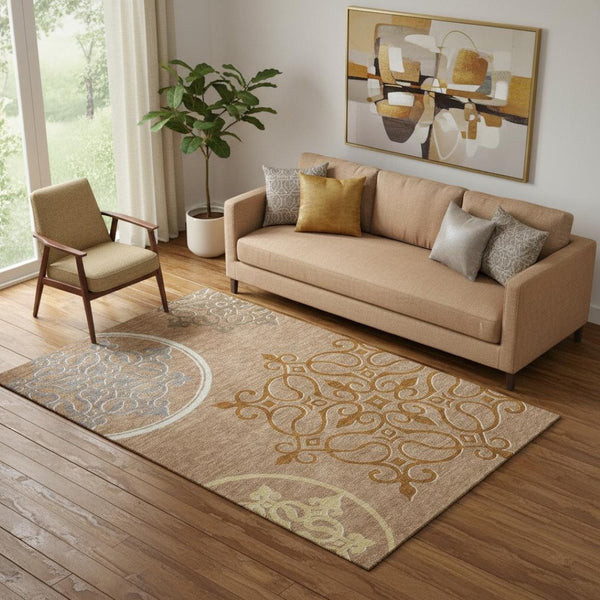 HomeRoots 5' X 8' Terra Cotta Gray and Gold Floral Medallion Washable Rug - Durable & Stylish for Any Space! 669566