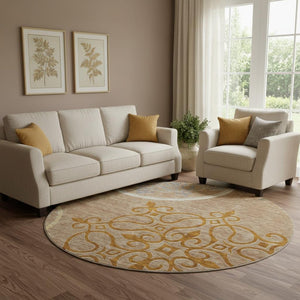 HomeRoots 8' Elegant Terra Cotta Gray & Gold Floral Medallion Round Rug – Washable, UV-Protected & Durable 669567