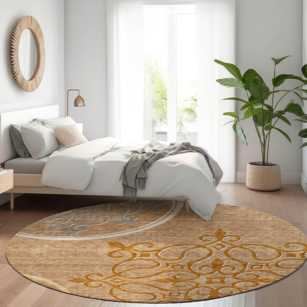 HomeRoots 8' Elegant Terra Cotta Gray & Gold Floral Medallion Round Rug – Washable, UV-Protected & Durable 669567