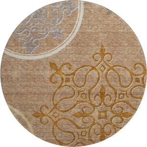 HomeRoots 8' Elegant Terra Cotta Gray & Gold Floral Medallion Round Rug – Washable, UV-Protected & Durable 669567