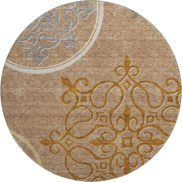 HomeRoots 8' Elegant Terra Cotta Gray & Gold Floral Medallion Round Rug – Washable, UV-Protected & Durable 669567