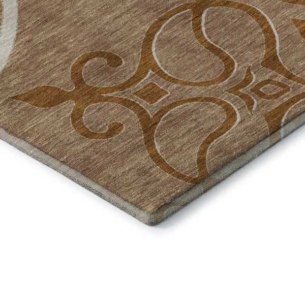 HomeRoots 8' Elegant Terra Cotta Gray & Gold Floral Medallion Round Rug – Washable, UV-Protected & Durable 669567
