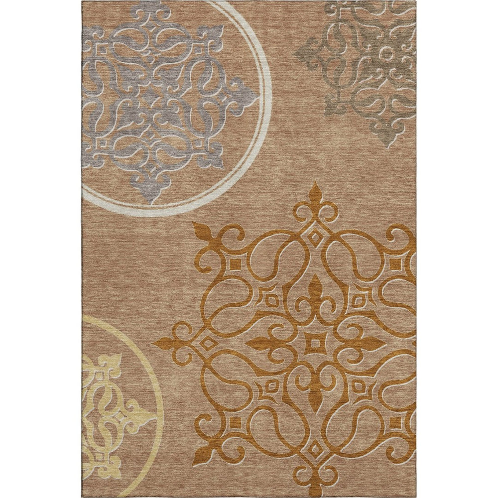 HomeRoots 8' X 10' Washable Terra Cotta Gray Gold Floral Medallion Area Rug - UV Protected & Durable Design 669568