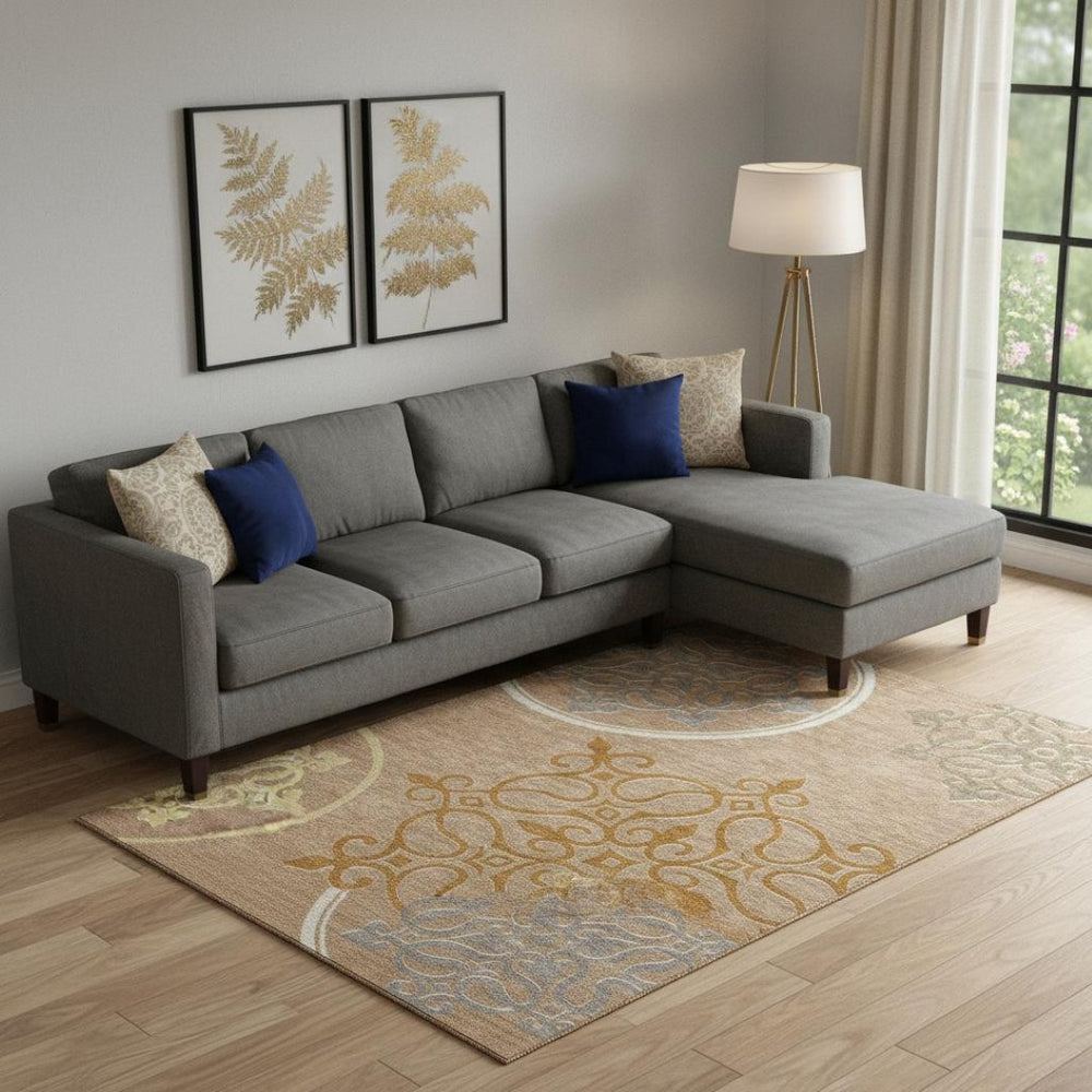 HomeRoots 9' Terra Cotta Gray & Gold Floral Medallion Washable Area Rug with UV Protection for Homes 669569