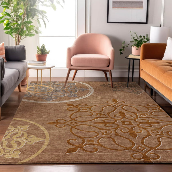 HomeRoots 9' Terra Cotta Gray & Gold Floral Medallion Washable Area Rug with UV Protection for Homes 669569