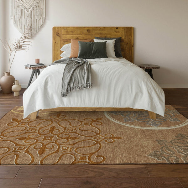 HomeRoots 9' Terra Cotta Gray & Gold Floral Medallion Washable Area Rug with UV Protection for Homes 669569