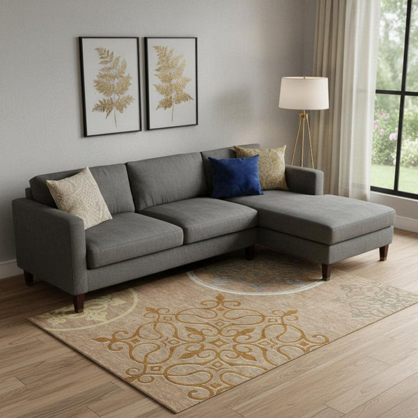 HomeRoots 10' X 14' Terra Cotta Gray Gold Floral Medallion Area Rug - Washable, UV Protected, & Durable Design 669570